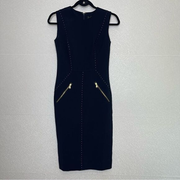 Donna Karan Mulberry Fields Studded Column Dress Zip Pockets 0 - Picture 3 of 6